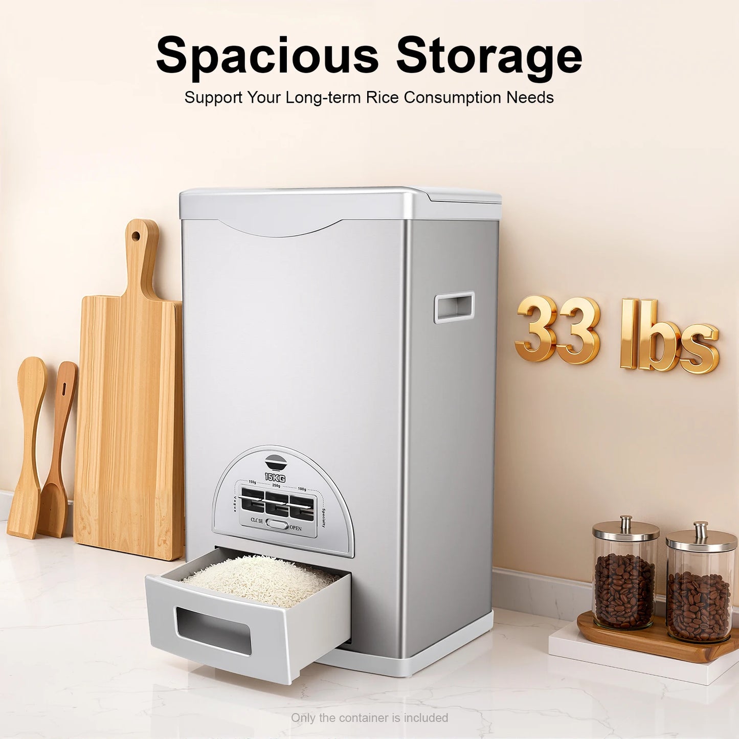 Smart Rice Dispenser 33LBS, One-Touch Grain Storage Container, Airtight Stainless Steel for Kitchen, Home & Restaurant