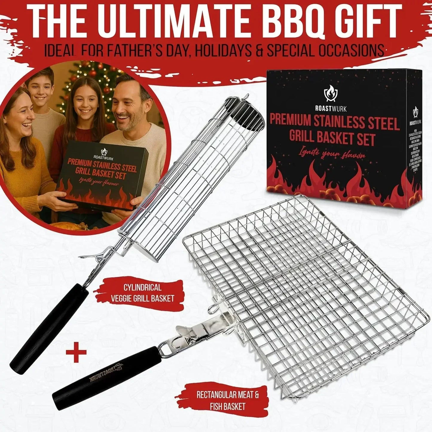 2-in-1 BBQ Grill Basket Set - Stainless Steel 304 for Meat, Fish, Vegetables - Removable Wooden Handle, Outdoor Camping & Tailgating