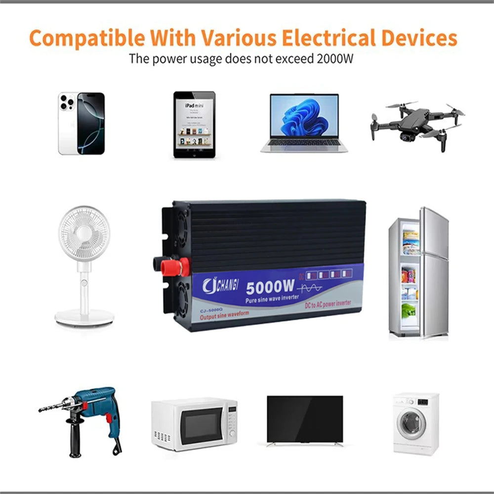 Pure Sine Wave Inverter 3000W 5000W DC 12V 24V 48V 60V 72V to AC 110V Digital Display Converter for Home RV Solar System