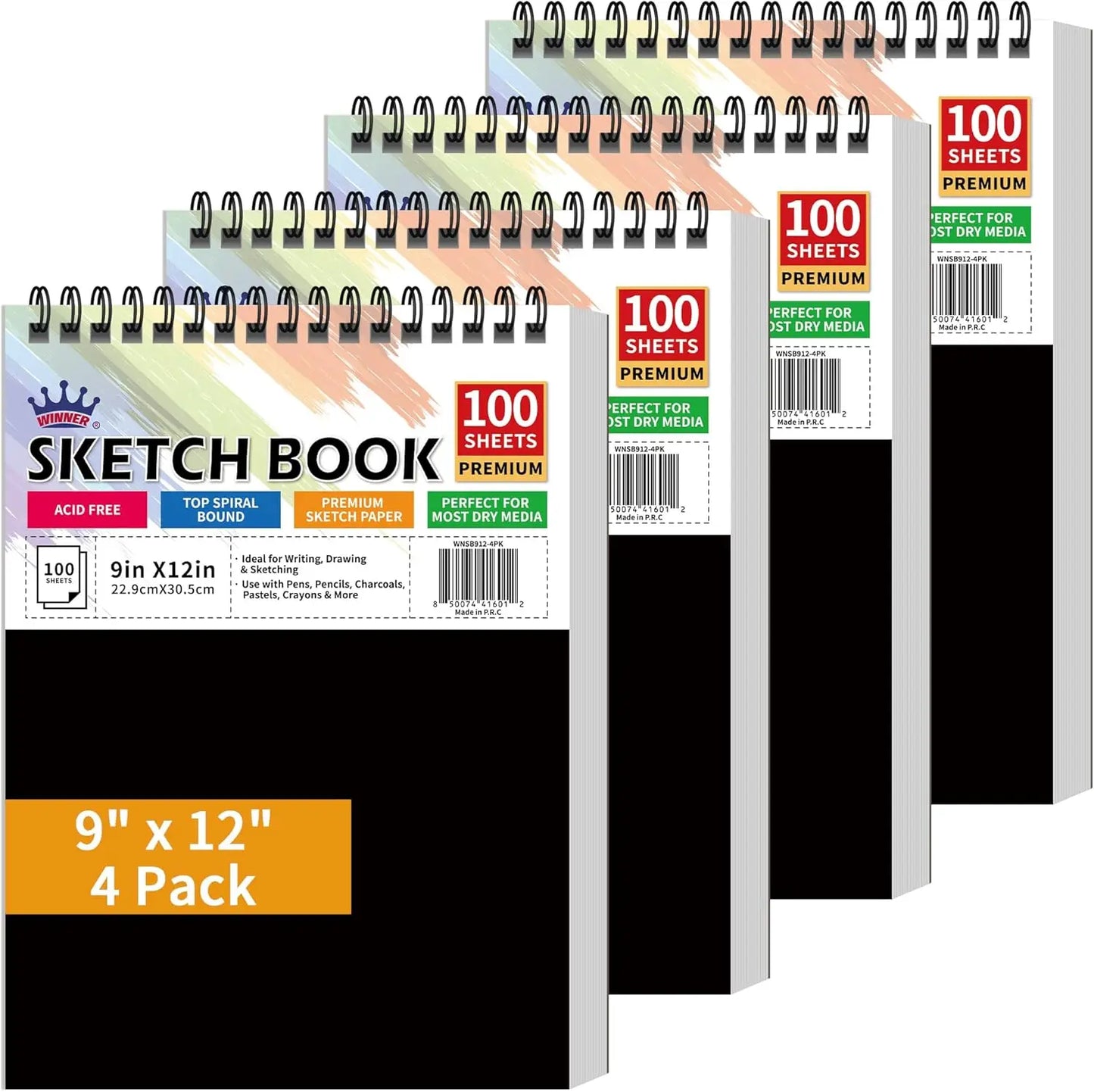 9x12 Sketch Book 4 Pack, 400 Sheets Spiral Bound Art Paper, 68lb/100gsm Acid Free Drawing Pad for Kids Adults