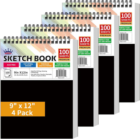 9x12 Sketch Book 4 Pack, 400 Sheets Spiral Bound Art Paper, 68lb/100gsm Acid Free Drawing Pad for Kids Adults