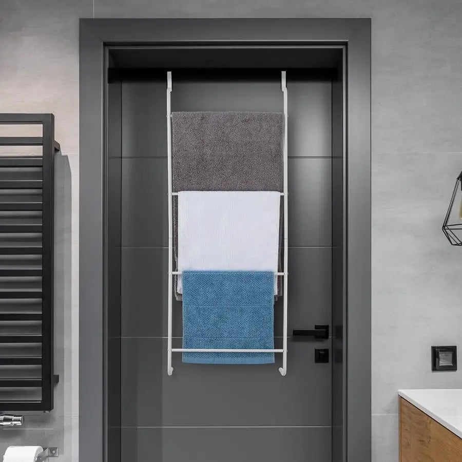 4 Rung White Metal Ladder Over The Door Towel Rack Bathroom Towel Holder, Space Saving Over Shower Door Drying Rack for Towels a