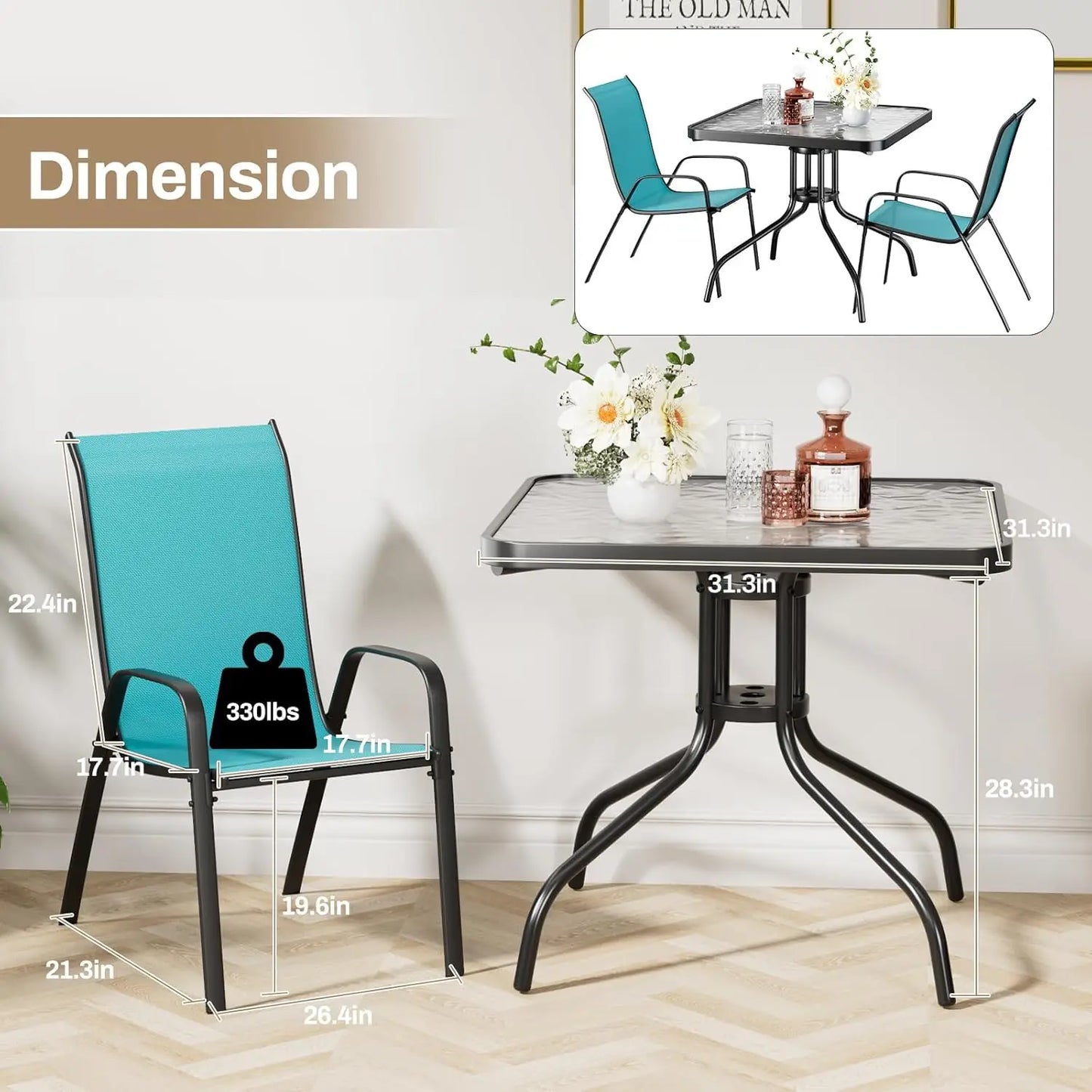 Patio Dining Set 5 Pieces, All Weather Outdoor Furniture W/30"X 30" Table and 4 Stackable Textilene Chairs, Metal, Customized