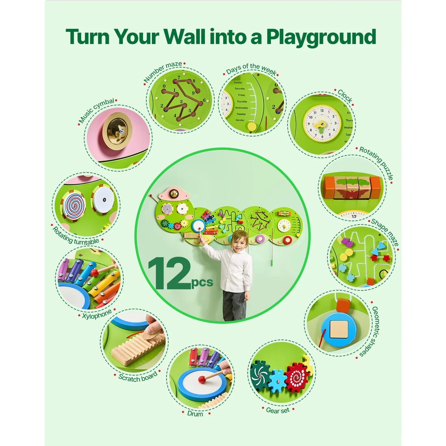 SucceBuy Caterpillar Children Wall Busy Board 12 Activities Montessori Sensory Learning Center for Kids 3-12 Years Playroom Toys