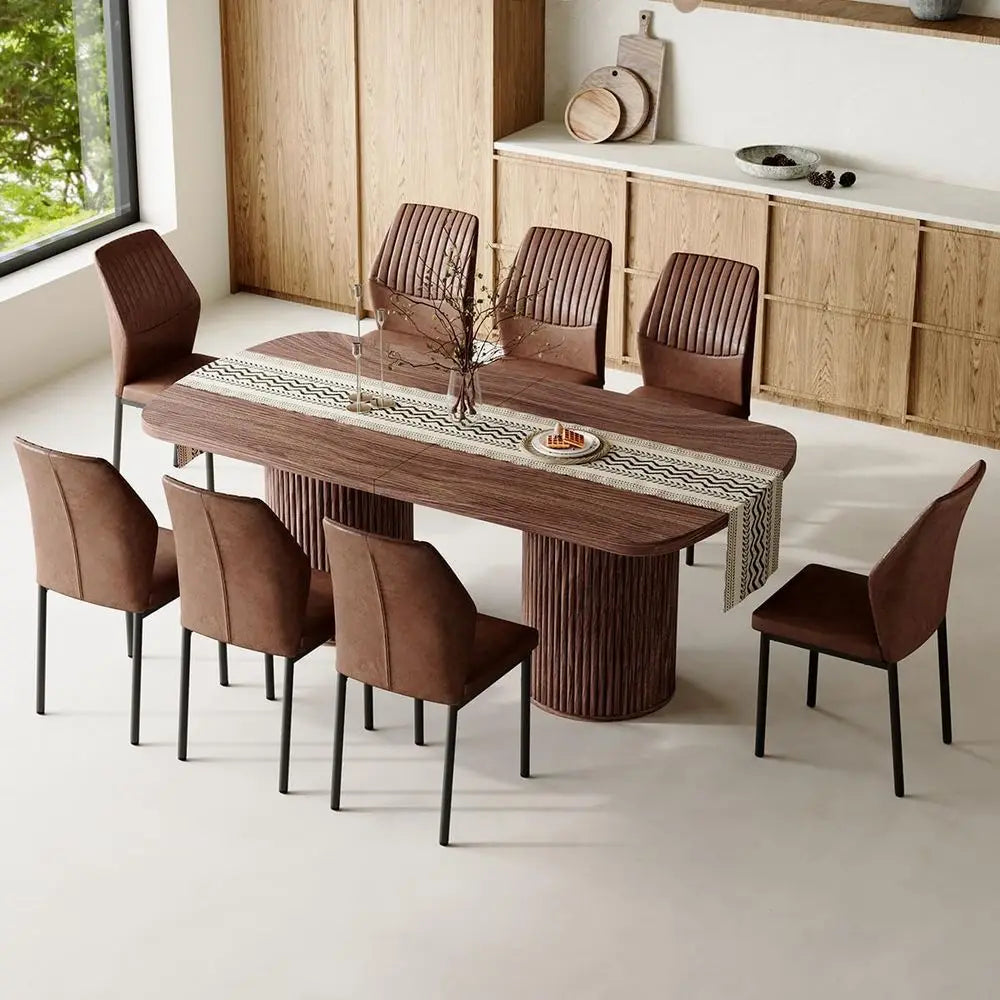 Walnut 8-Seat Century-Style Dining Table Set with Cushioned Chairs for Family Gatherings