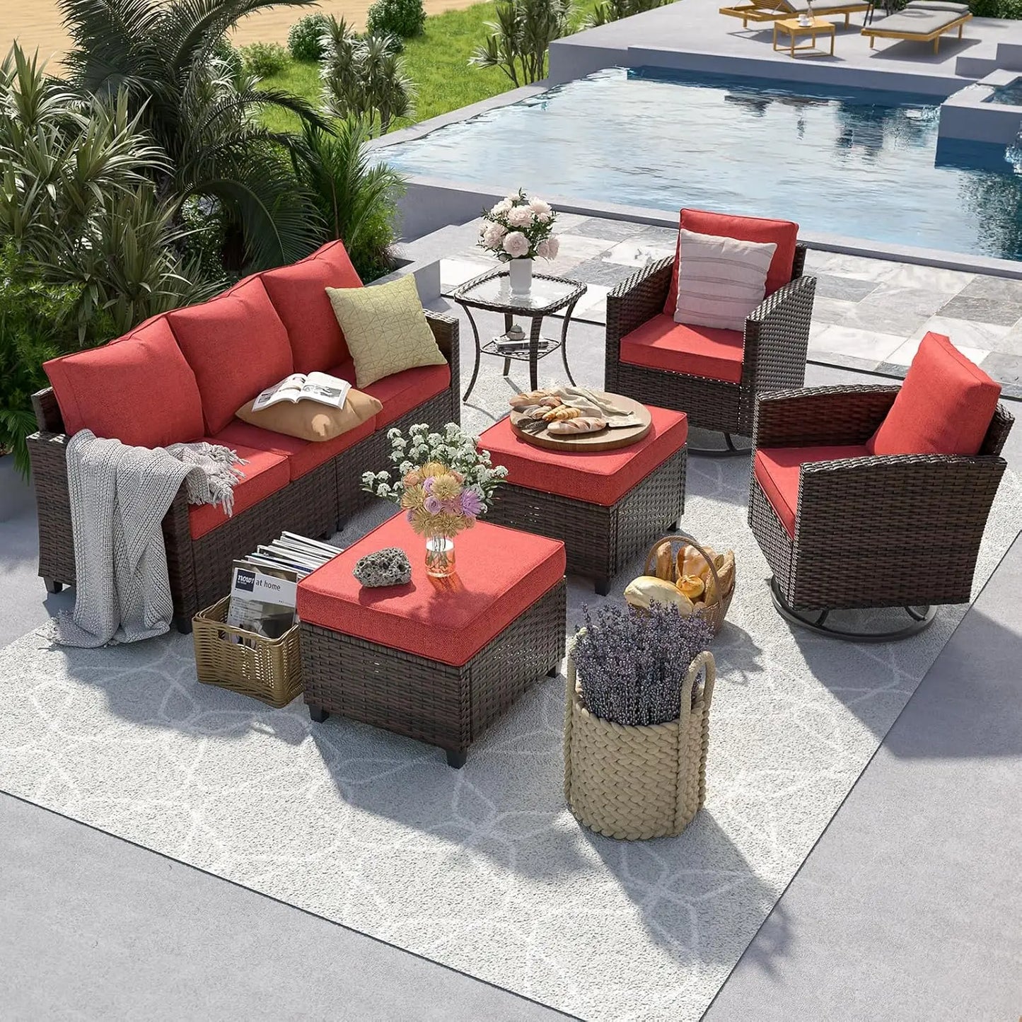 6pc Gray PE Rattan Sectional Sofa Set Swivel Chair & Side Table 4" Cushions Patio Garden, Customized