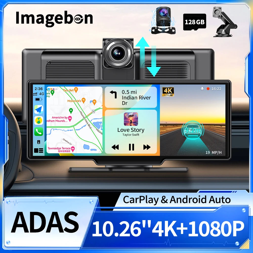 Imagebon 10.26" 4K ADAS Dashcam Wireless CarPlay & Android Auto GPS Navigation AI Voice Control Car DVR with 1080P Rearview Mirror Camera