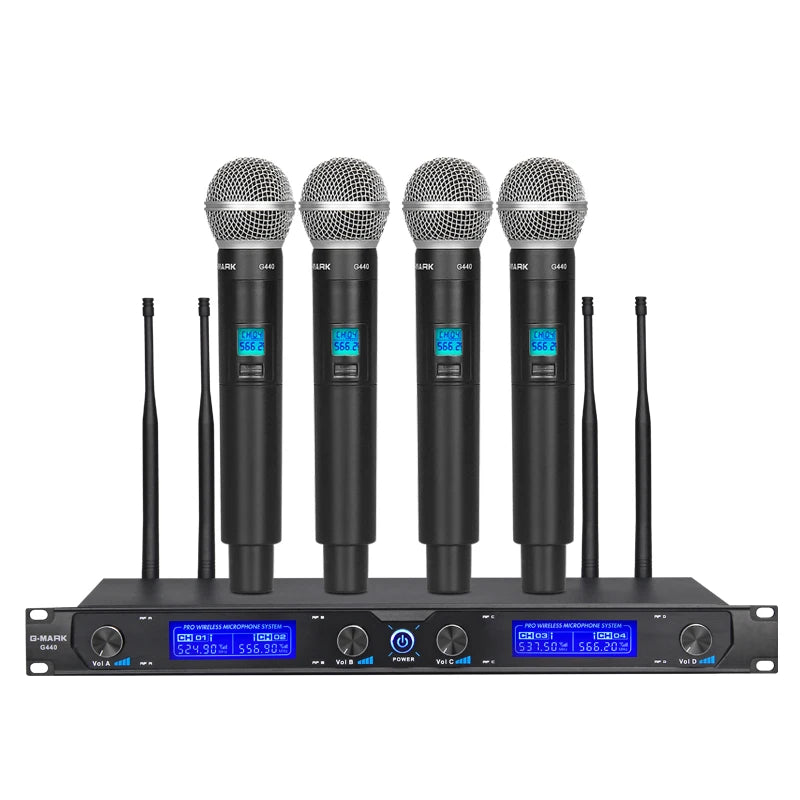 G-MARK Wireless Microphone System, 4 Channel Wireless Microphones with Rechargeable Handheld Mics, 250FT Range, UHF Metal Cordle
