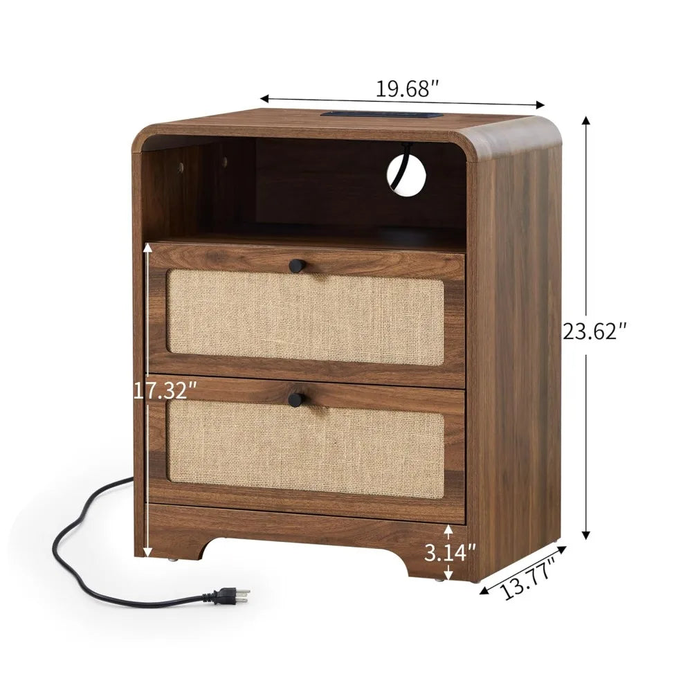 Set of 2 Night Stand with Charging Station, 19.7" Wooden Side Table Curved Nightstands with 2 Drawers & USB/Type-C, Customized