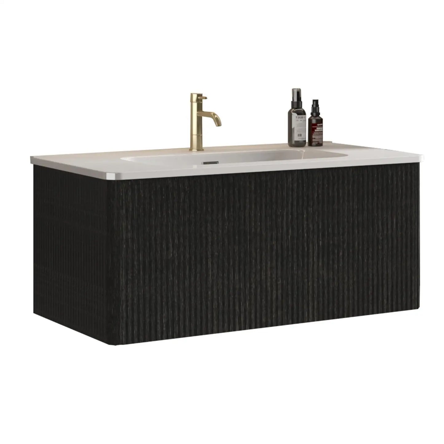 Brushed Black Oak Bathroom Vanity 36 Inch Floating Design White Ceramic Sink Included Luxury Sink Cabinet for Bathroom Remodel