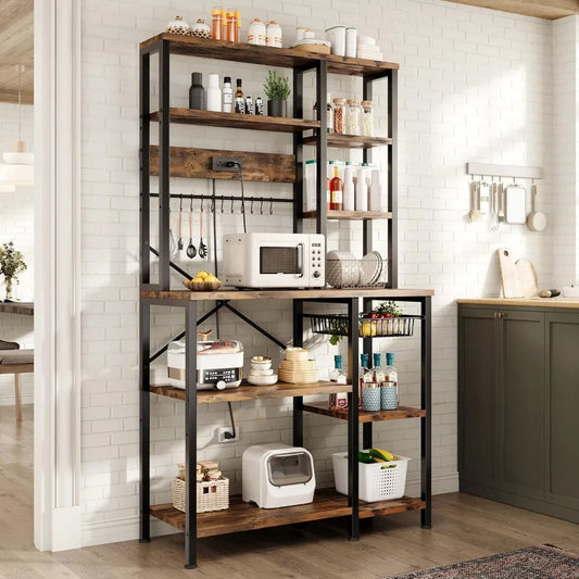 Kitchen Bakers Rack with Storage, 6-Tier Coffee Bar Station with Power Outlet, Microwave Stand with 12 S-Shaped Hooks, Open Kitc