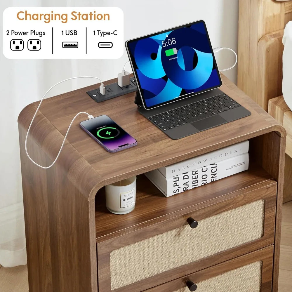 Set of 2 Night Stand with Charging Station, 19.7" Wooden Side Table Curved Nightstands with 2 Drawers & USB/Type-C, Customized