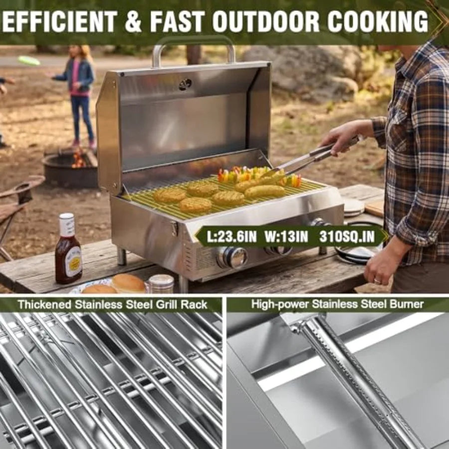 3-Burner Tabletop Gas Grill 30 000 BTU Portable Propane Grill with Heavy-Duty Thickened Stainless Steel Grates and Stainless St
