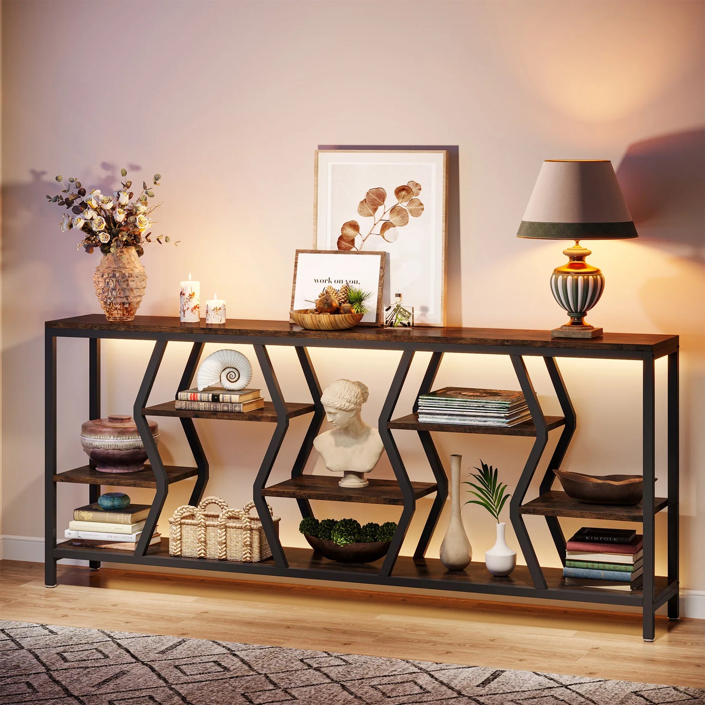 Tribesigns 70.9 Inches Sofa Console Table with 4 Tier Wood Storage Shelves, Industrial Extra Long Narrow Entryway Accent Tables