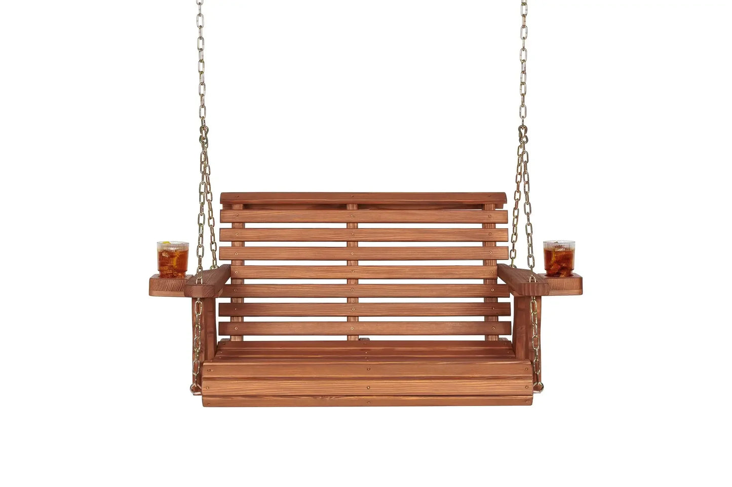 Amish Casual Heavy Duty 700 Lb Capacity Porch Swing with Cup Holders (4 Foot, Cedar Stain) – Wooden Outdoor Roll Back Swing