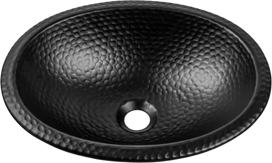 17-Inch Oval Drop In Bathroom Sink, Top Mount Hand Hammered Matte Black Vanity Sink for Countertop, Powder Room or Restroom