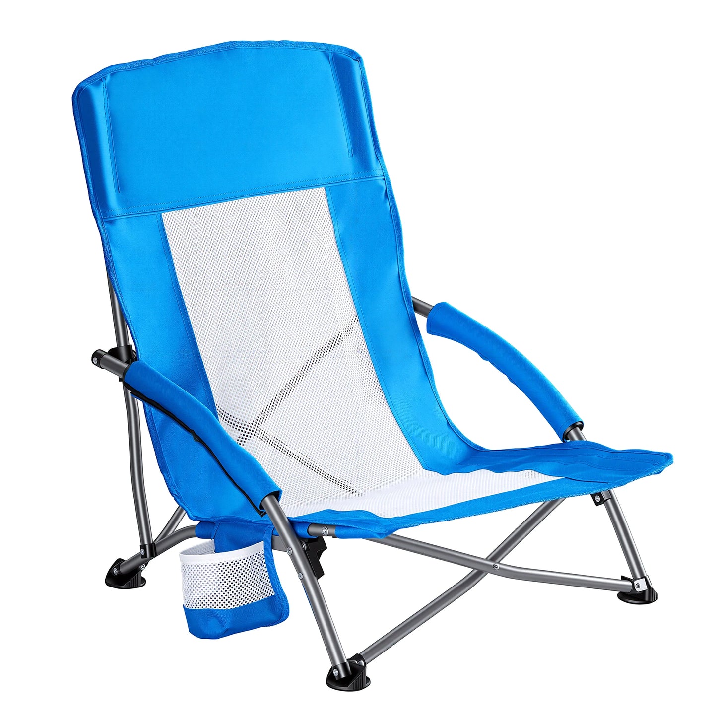 JHK Portable Lightweight Low Camping Beach Chair Mesh Back Padded Armrests Folding Beach Chair with Cup Holder Storage Pocket for Camp Picnic Lawn