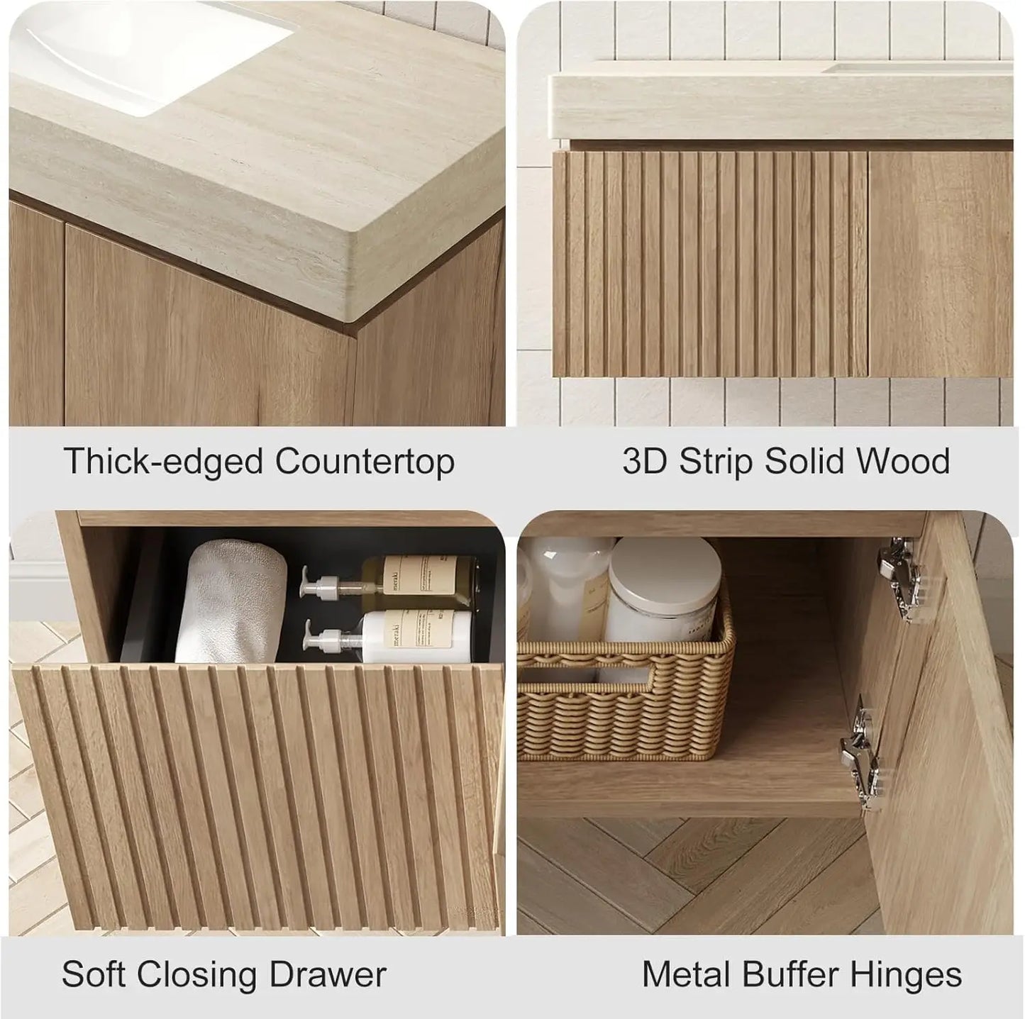 36in Wall Mounted Bathroom Vanity with Sink Ceramic Basin Travertine Countertop Storage Drawer Door Light Wood Customized