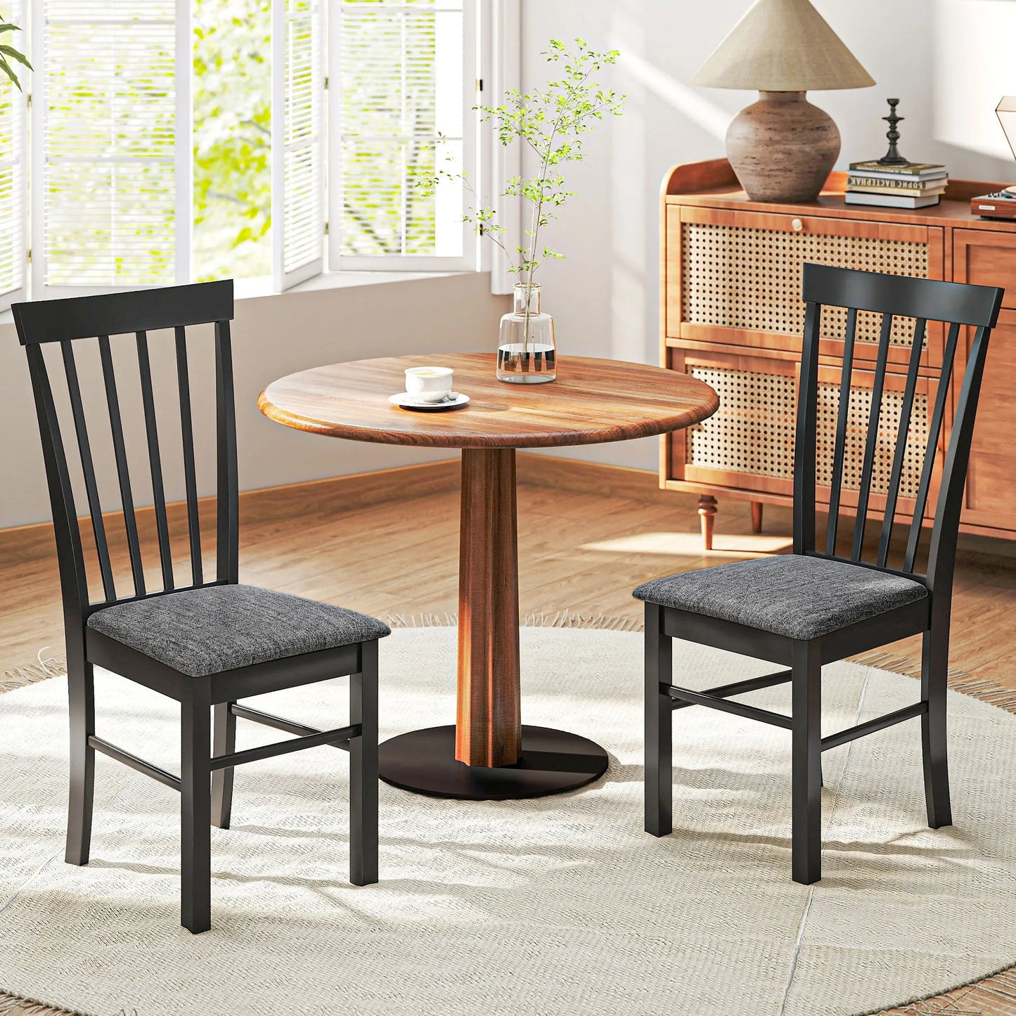HOMCOM Wooden Dining Chairs Set, Farmhouse Upholstered Kitchen Chairs with Rubber Wood Frame for Living Room, Dining Room, Black and Gray, Set of 2