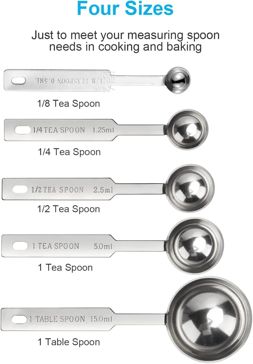 5PCS Stainless Steel Measuring Spoons Set, 1/8 tsp to 1 tbsp, Food Grade for Baking & Cooking