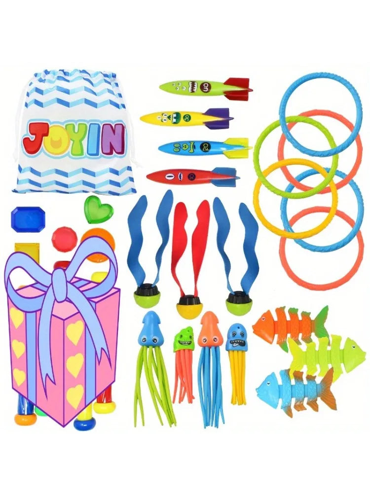 Joyfy 30 Pcs Diving Pool Toys for Kids Jumbo Set with Storage Bag Pool Games Summer Swim Water FishToys Multi-Item Party Favor