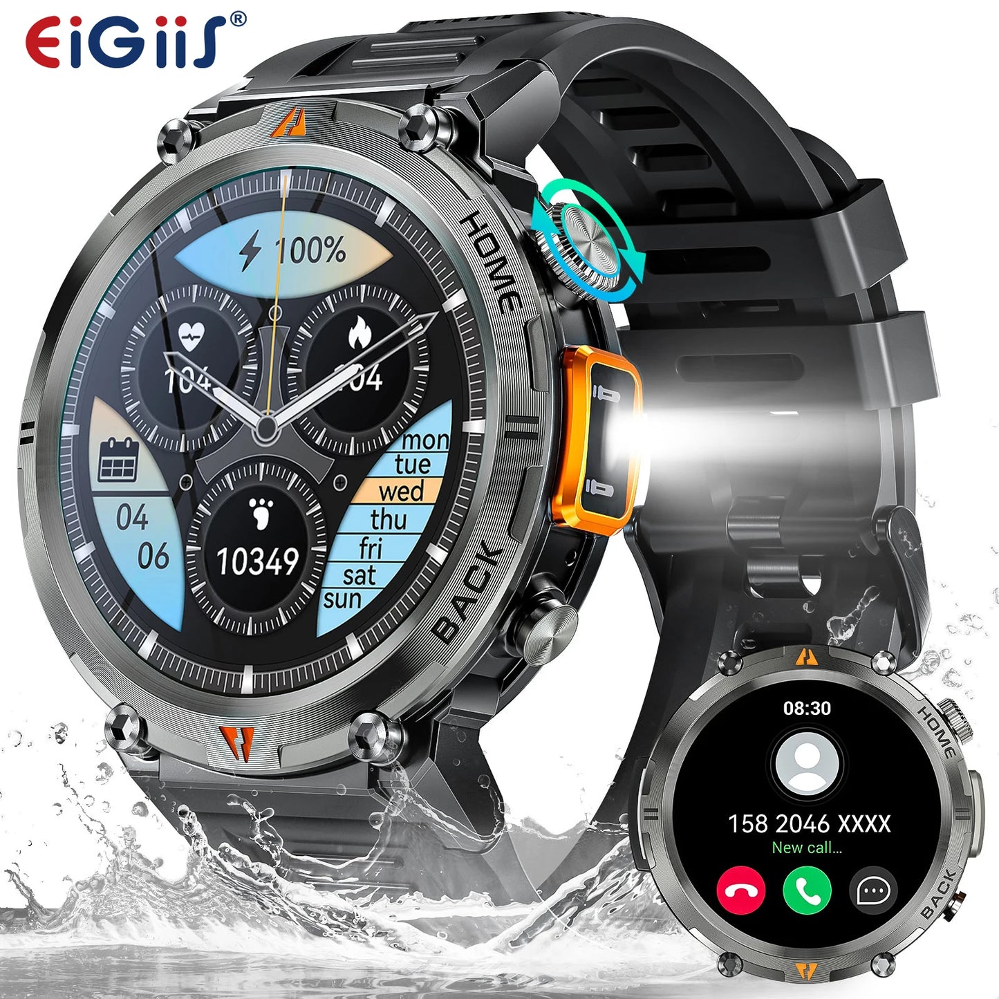 EIGIIS KE3 2025 New Bluetooth Call Smartwatch for Men Full Touch Screen with Health Monitor Heart Rate Flashlight Smart Watch