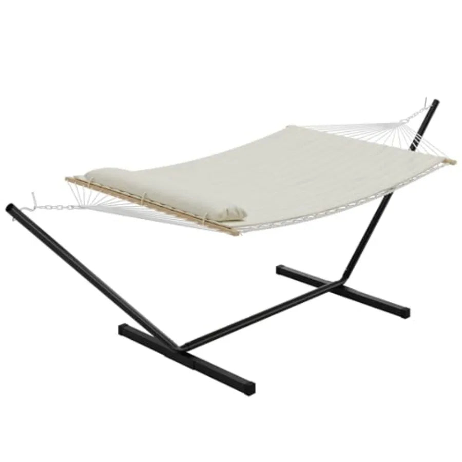 Double Hammock with Stand Heavy-Duty Rope Hammock for Outdoor and Indoor Use, Beige, 350 lbs Capacity, Includes Comfort Pad Pil