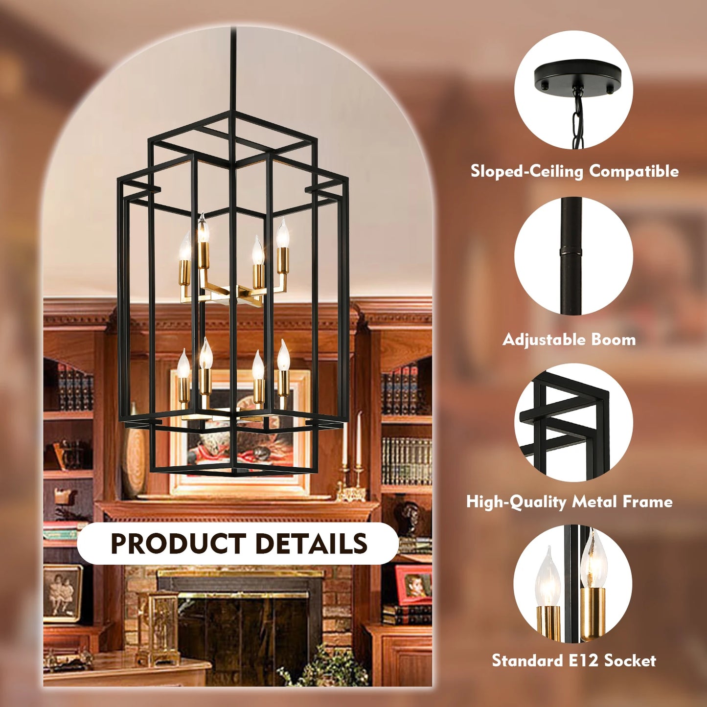 8-Lights Lantern Tiered Pendant Light Fixtures 31.5" Farmhouse Hanging Chandelier for Dining Room Living Room Island Kitchen
