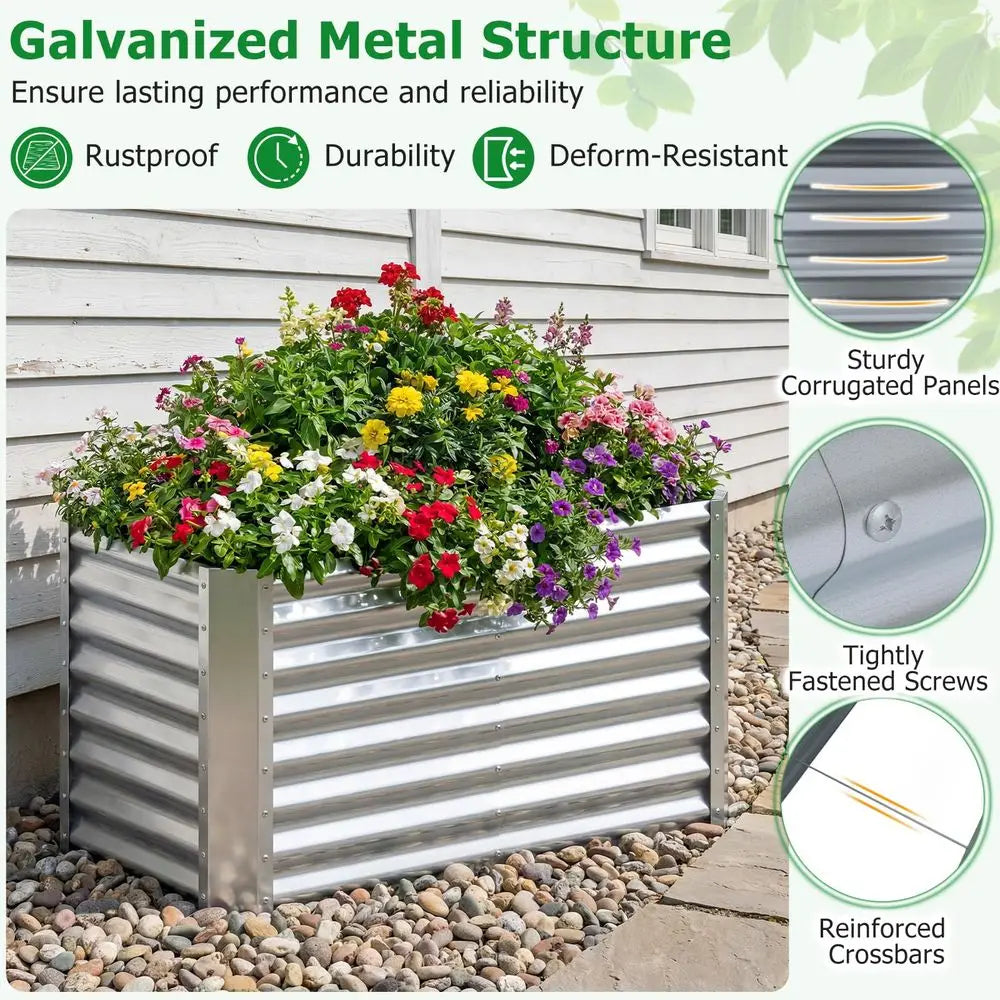 4 x 2 x 2 FT Galvanized Raised Garden Bed, Rectangular Metal Planter Box with OpenEnded Base for Sapling Vegetable Flower Fruit