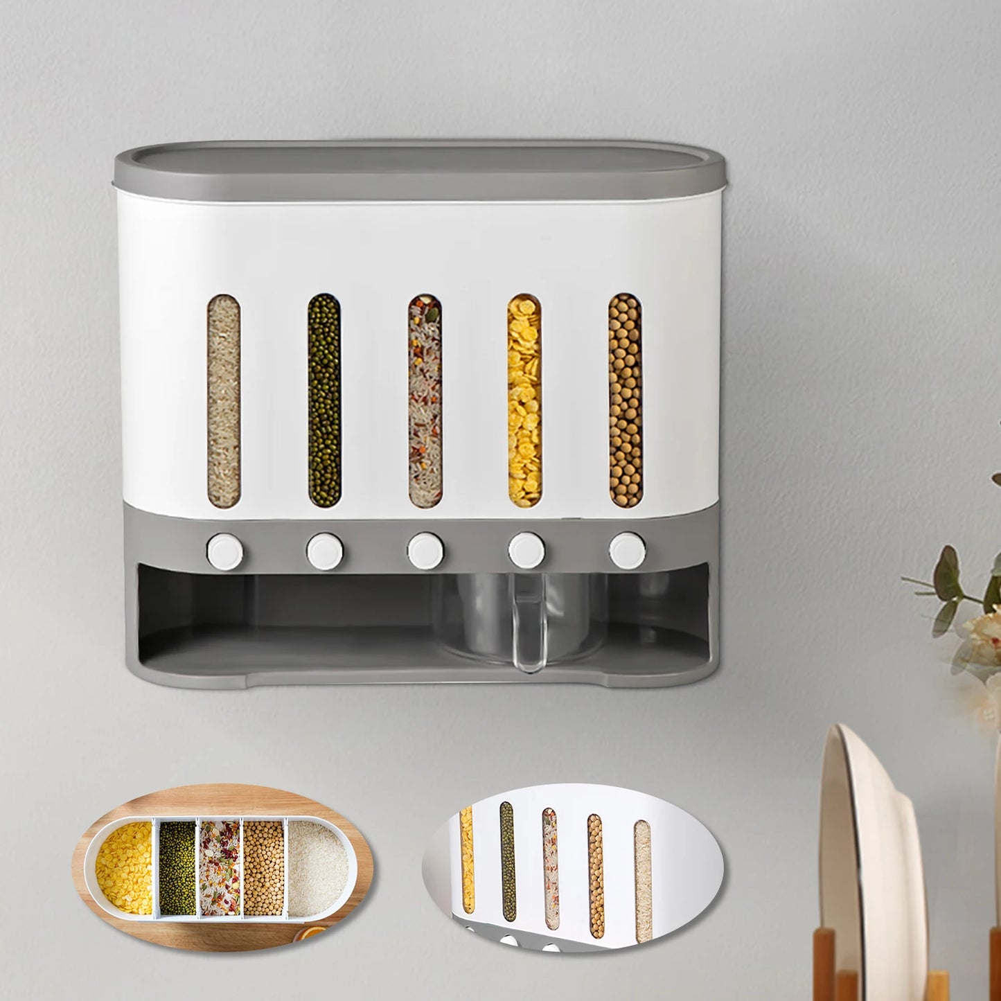 Dry Food Dispenser,Wall mounted 5 Grid Cereal Dispenser,Rice dispenser 20 pounds Kitchen Storage with Measuring Cup