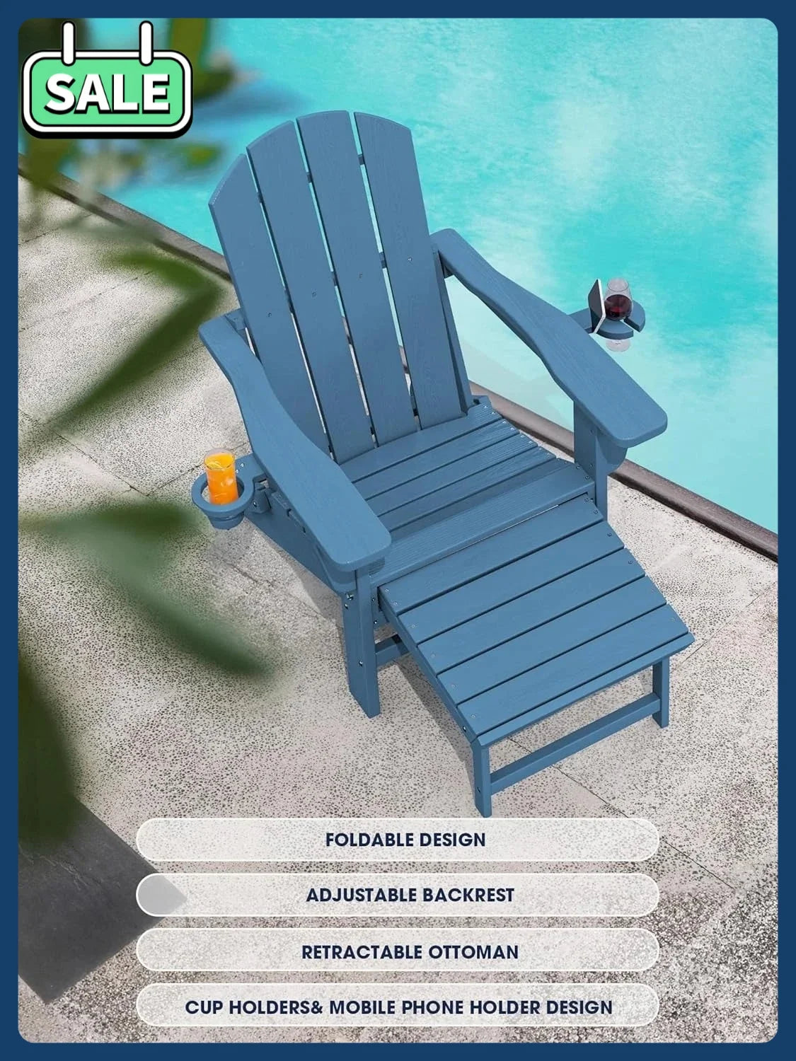 Folding Adjustable Adirondack Chairs with Ottoman & 2 Cup Holders Set of 2, HDEP Multifunctional Adirondack Chair with Footrest