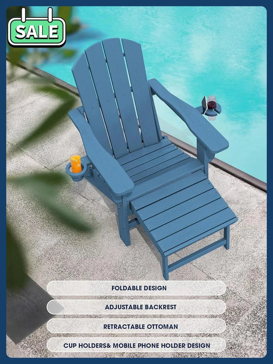 Folding Adjustable Adirondack Chairs with Ottoman & 2 Cup Holders Set of 2, HDEP Multifunctional Adirondack Chair with Footrest