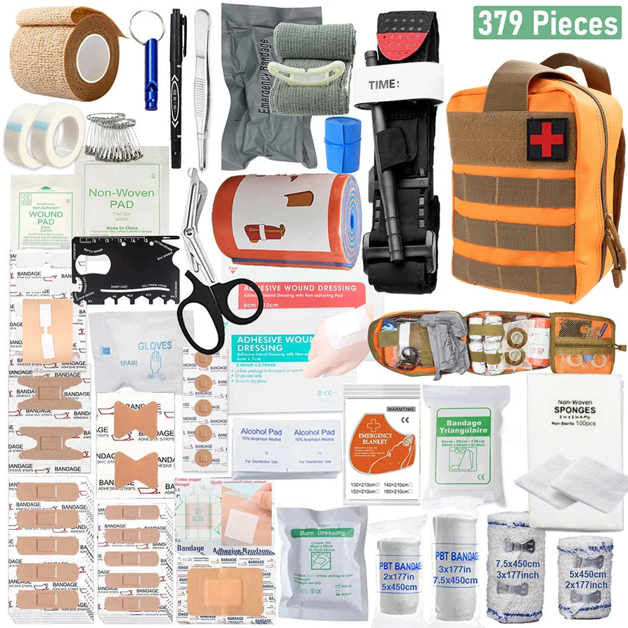 379pcs Home Office First Aid Kit Portable Emergency Bag, Red Survival Carry-On for Outdoor Activities, Camping, Hunting, Hiking