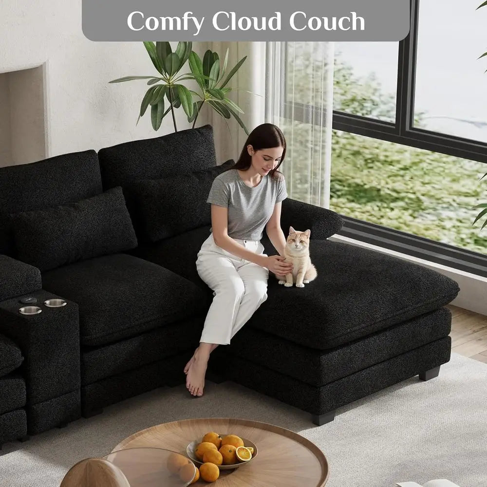 Oversized Plush Chenille Sectional Sofa with Center Console, USB Ports, Cup Holders, Black