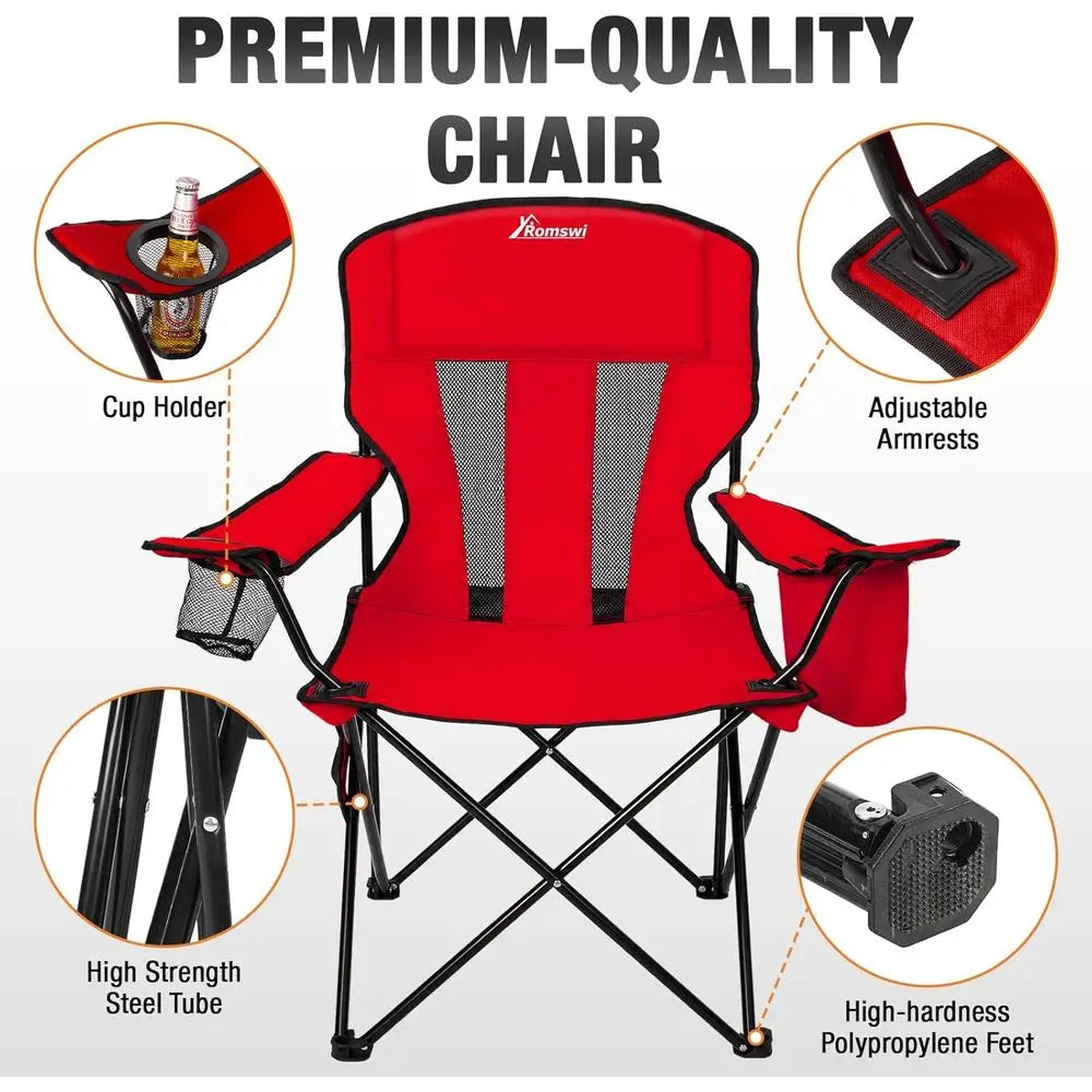 Portable Folding Chairs with 4-Can Cooler and Cup Holder, Heavy Duty Outdoor, Beach, Lawn, Fishing, Red