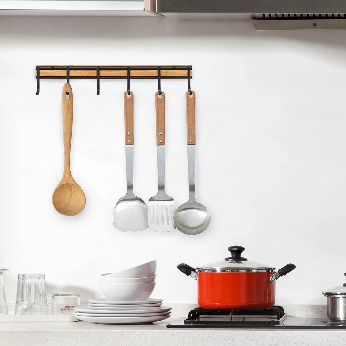 2PCS Wall Mounted Kitchen Utensil Hooks Set of 6 Black Metal Bamboo Decor Hangers Space Saving Organizer for Spoon Towel Key