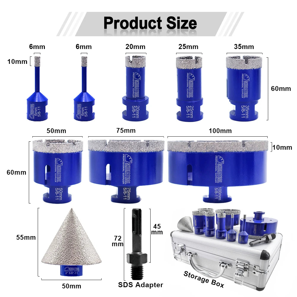 SHDIATOOL 10Pcs Diamond Drilling Bits Set Dia6-100mm Hole Saw Opener+Dia 50mm Bevelling Chamfer Bit+SDS Adapter Tile Granite Kit