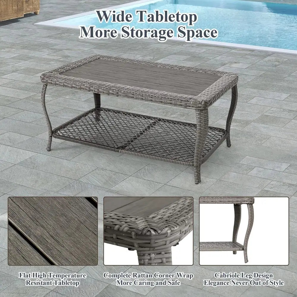 6-Piece Grey Outdoor Wicker Patio Furniture Set with Sectional Sofa, Coffee Table, High Back Chairs, Ottoman, and Cushions for G