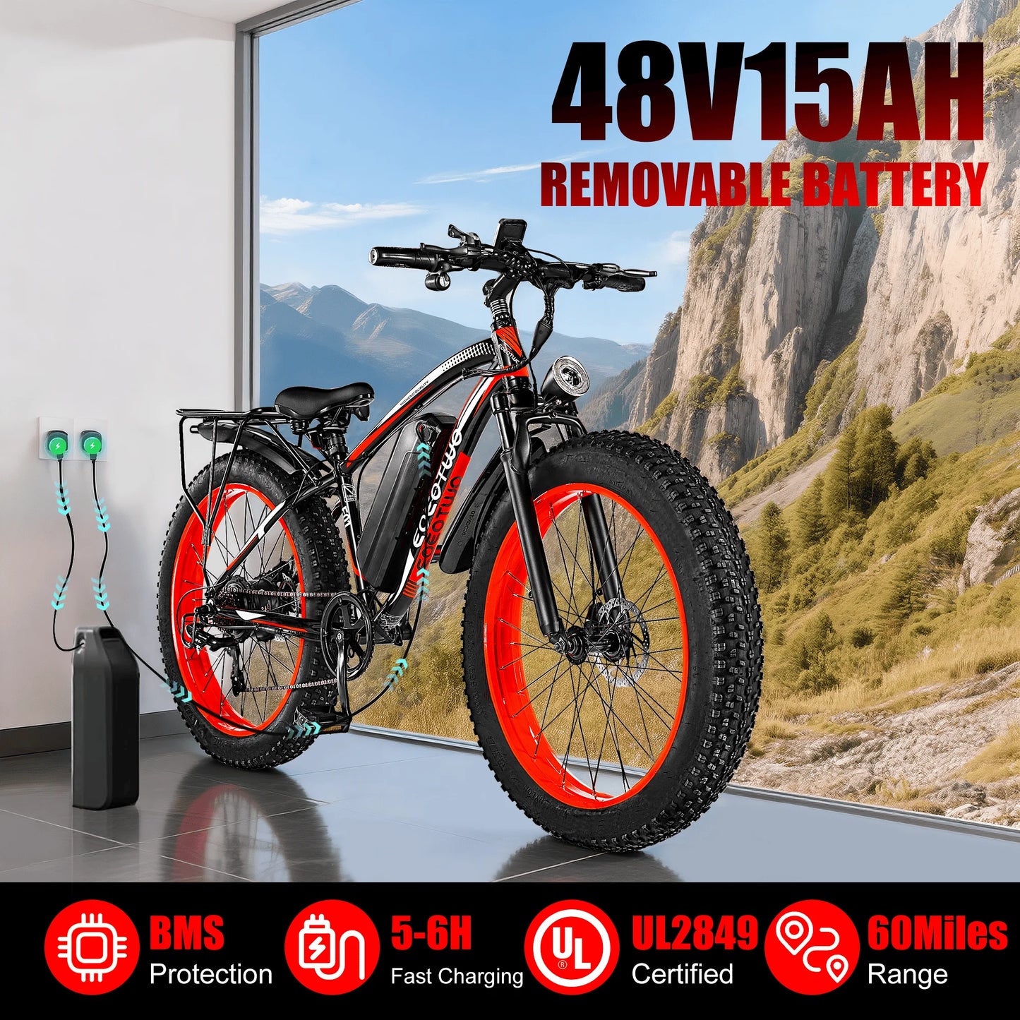 EOEOTWO E01 Electric Bike for Adults 1500W Peak Motor 26" Fat Tire Ebike 34MPH 60Miles Range UL2849 Certified Mountain Bicycle
