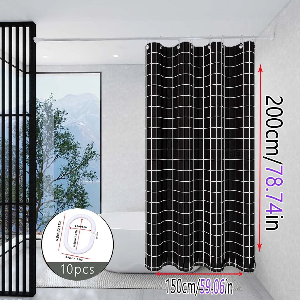 High - Quality Black Grid Design Polyester Shower Curtain, Perfect for Bathroom Decoration