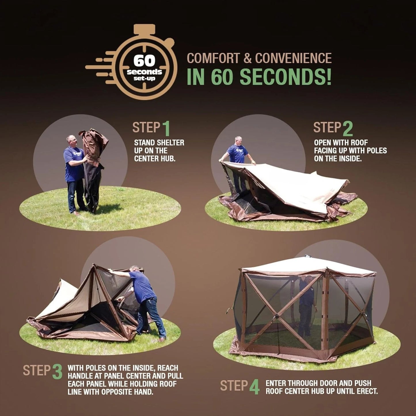 Pop Up Screen Tent, Large Outdoor Camping Gazebo Canopy, Pavilion, 12.5', Brown - Foldable and Portable Screened, Customized