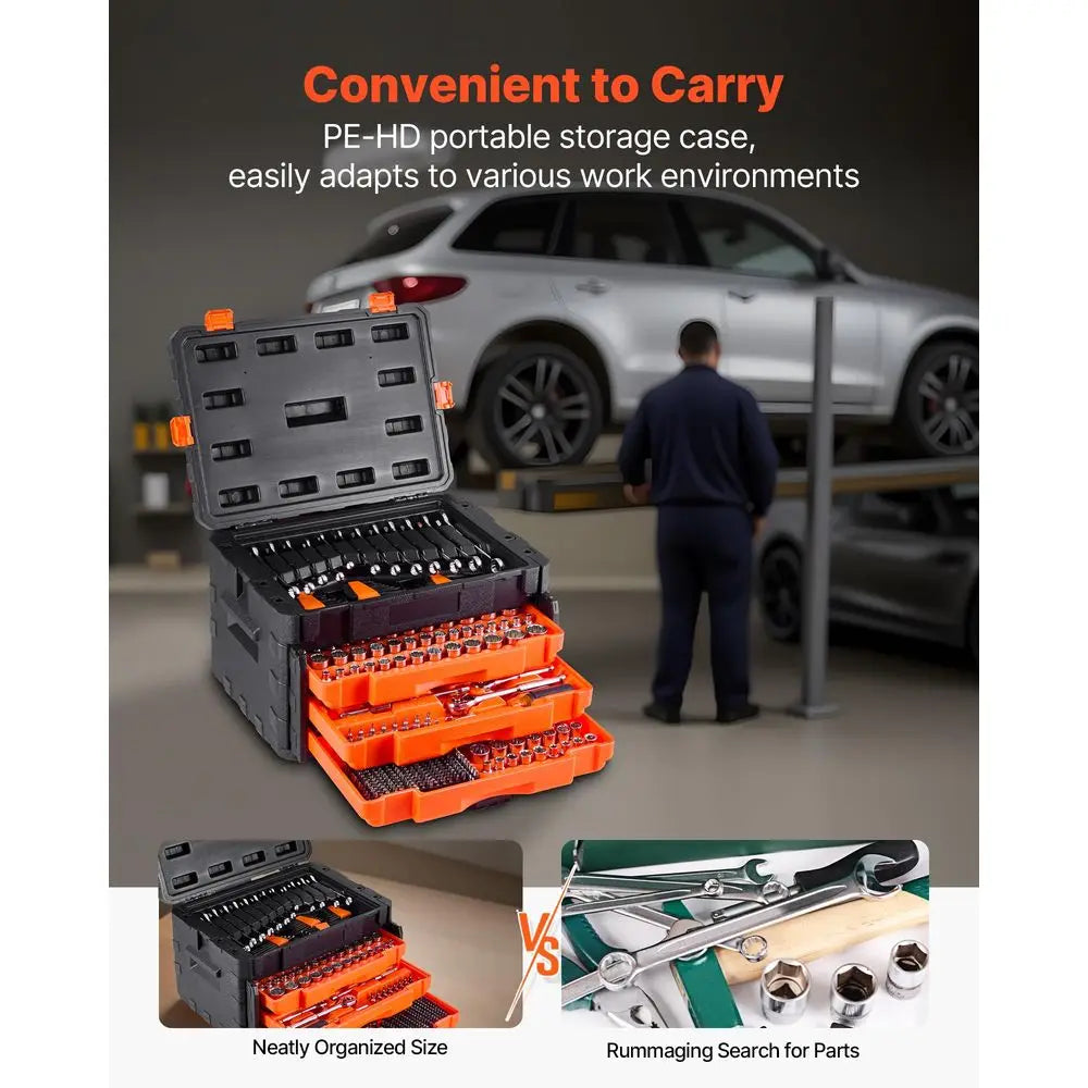 Mechanics Tool Set and Socket Set, 450 Pcs, 1 4, 3 8 and 1 2 inch Drive Deep and Standard Sockets, SAE Metric Mechanic Tool Kit