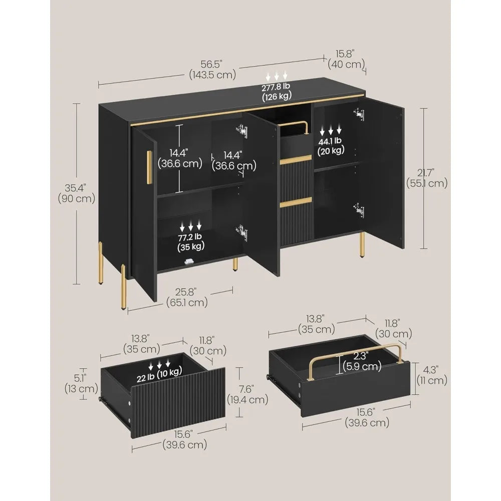 Buffet Cabinet with Storage, Sideboard, Kitchen Cabinet with Drawers, Adjustable Shelf, Fluted Drawer Front, for Living Room