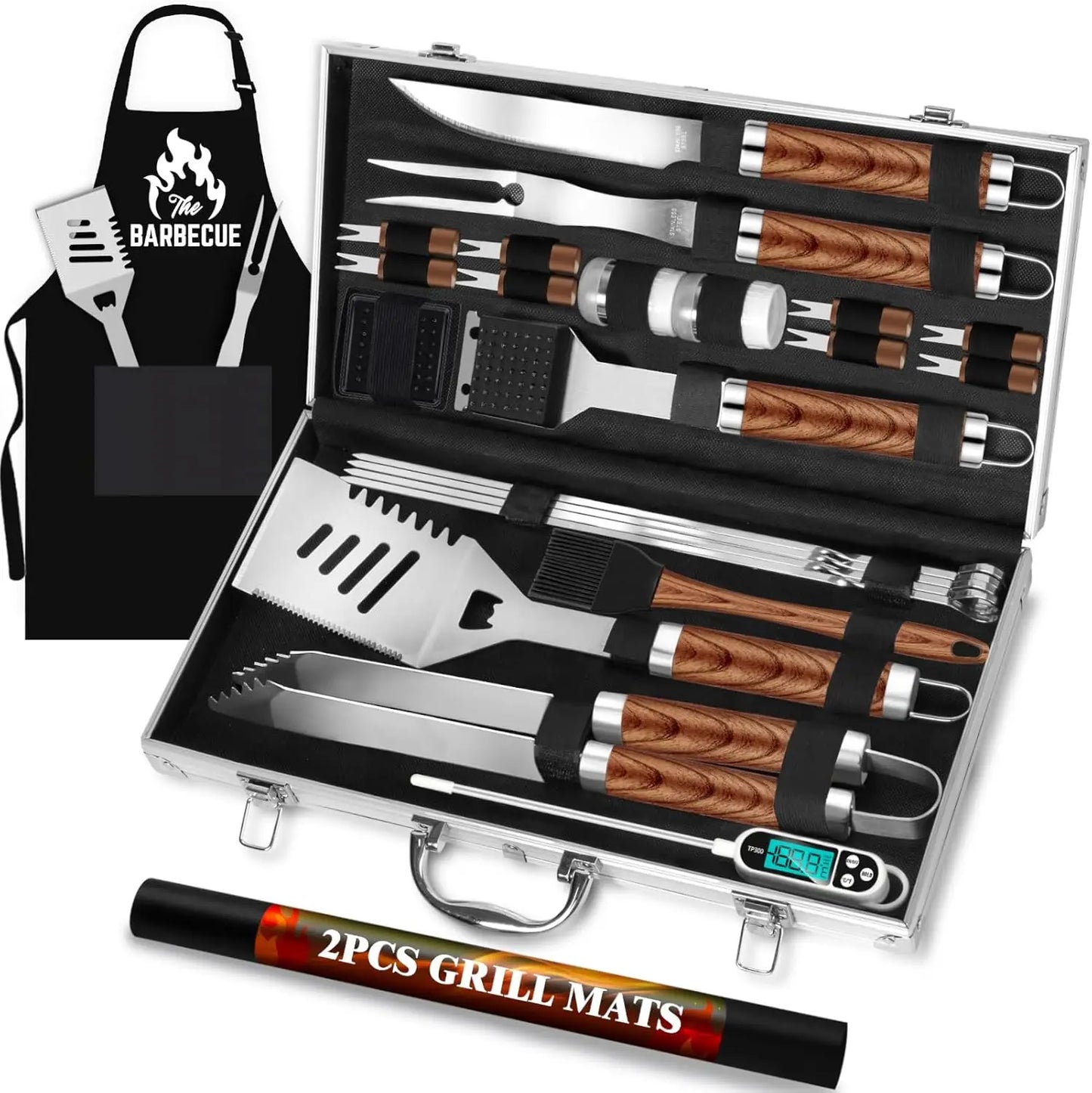 26pcs BBQ Grill Accessories Set for Men, Father's Day Gifts with Apron, Thermometer, Mats in Aluminum Case