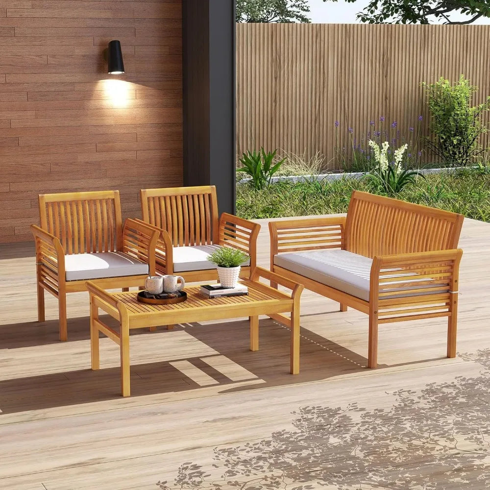 4 Piece Patio Conversation Sets, Acacia Padded Outside Furniture w/Removable & Washable Cushions, Slatted Design, Patio Furnitur