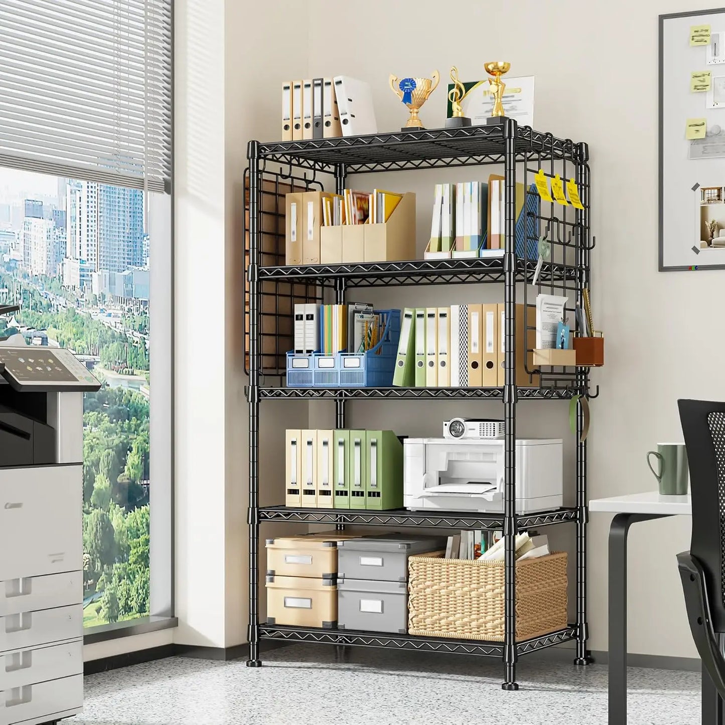 5 Tier Metal Shelving with Side Hanging Net Hooks, Adjustable Storage Shelves,530LBS Wire Shelving for Kitchen,Customized