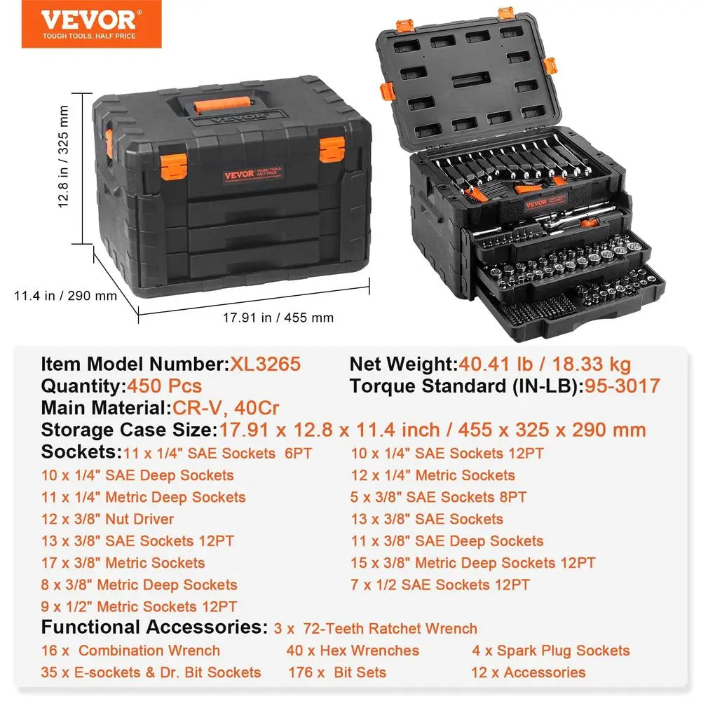 Mechanics Tool Set and Socket Set, 1 4 3 8 1 2 Drive Deep and Standard Sockets, 450 Pcs SAE and Metric Mechanic Tool Kit with B