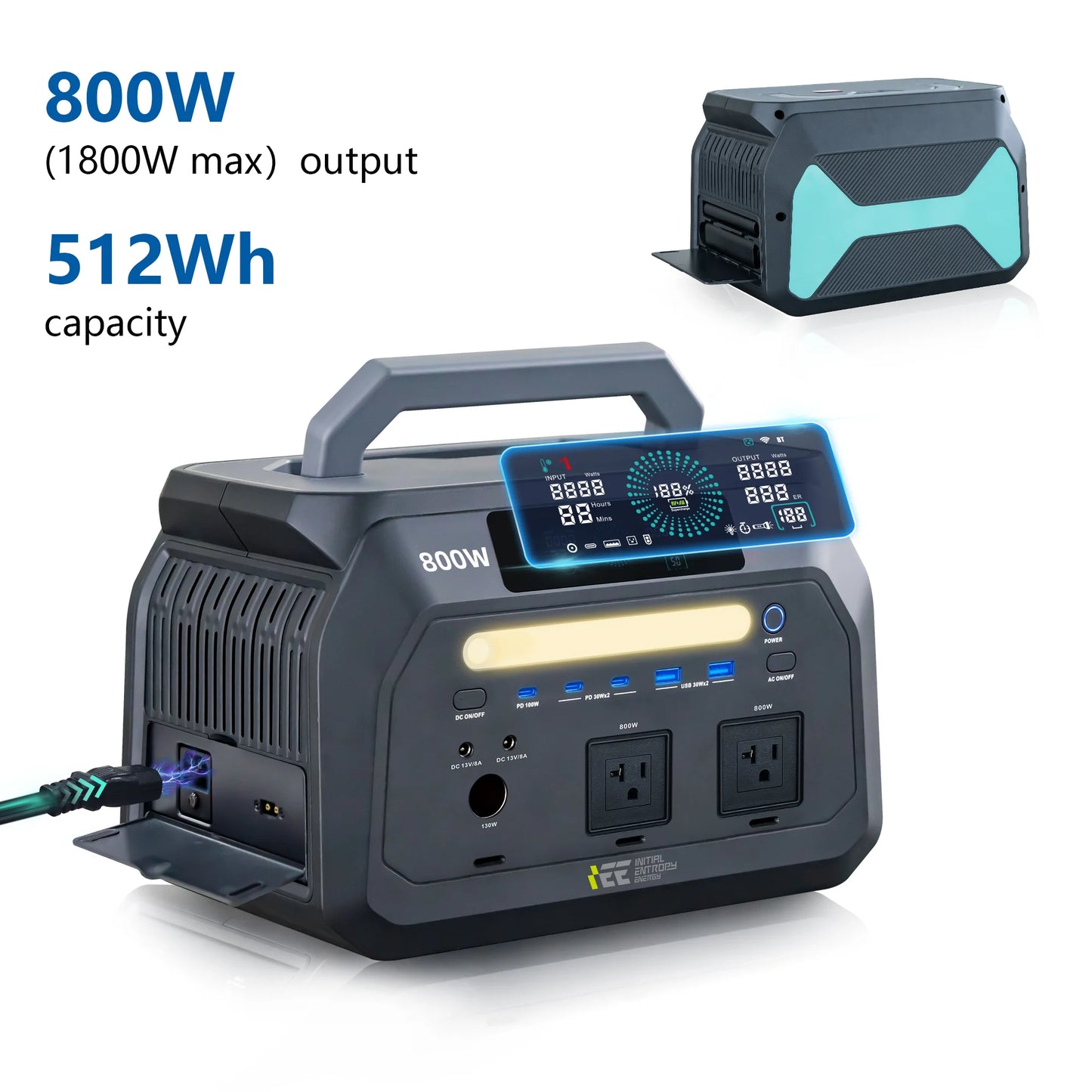 IEE P800 Portable Power Station, 512Wh LiFePO4 generator,1600W Peak Solar Generators, 800 wat power source,2x800W AC Outlets Lightweight & Quiet Solar Generator for Camping, Home Emergency, RV & Outdoor Travel