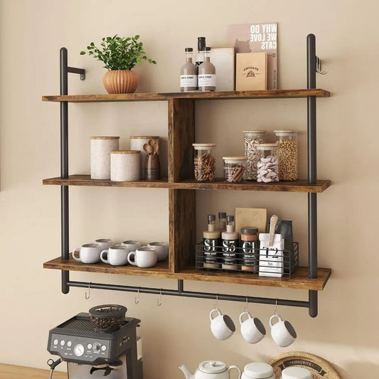 41.5" loating Shelves or Wall 3 Tier Kitchen Shelves Wall Mounted Coee Bar Shel Hanging Shel with 8 Hooks, Industrial Display Pi