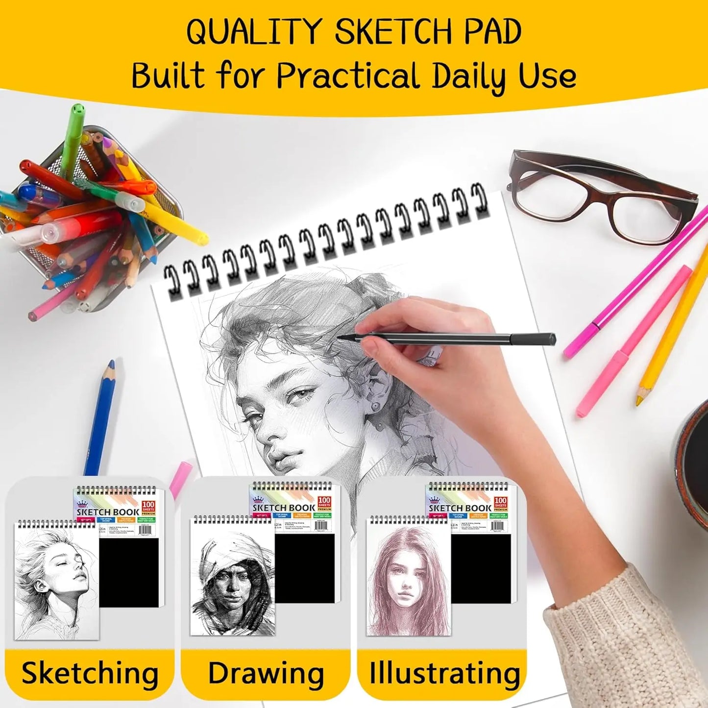 9x12 Sketch Book 4 Pack, 400 Sheets Spiral Bound Art Paper, 68lb/100gsm Acid Free Drawing Pad for Kids Adults